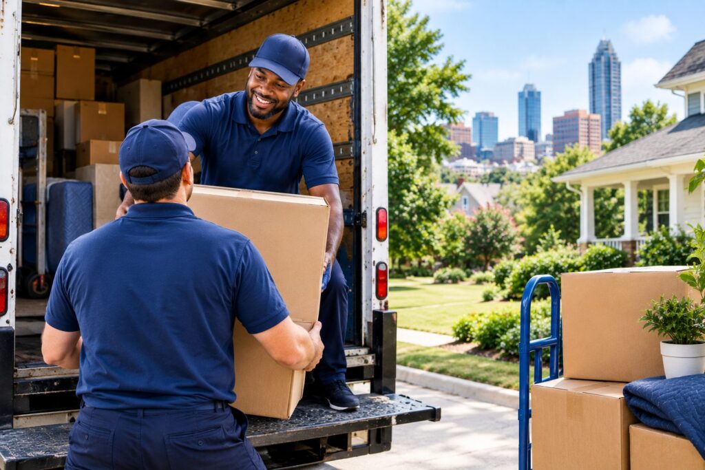 Professional movers loading boxes into a moving truck in Raleigh, NC