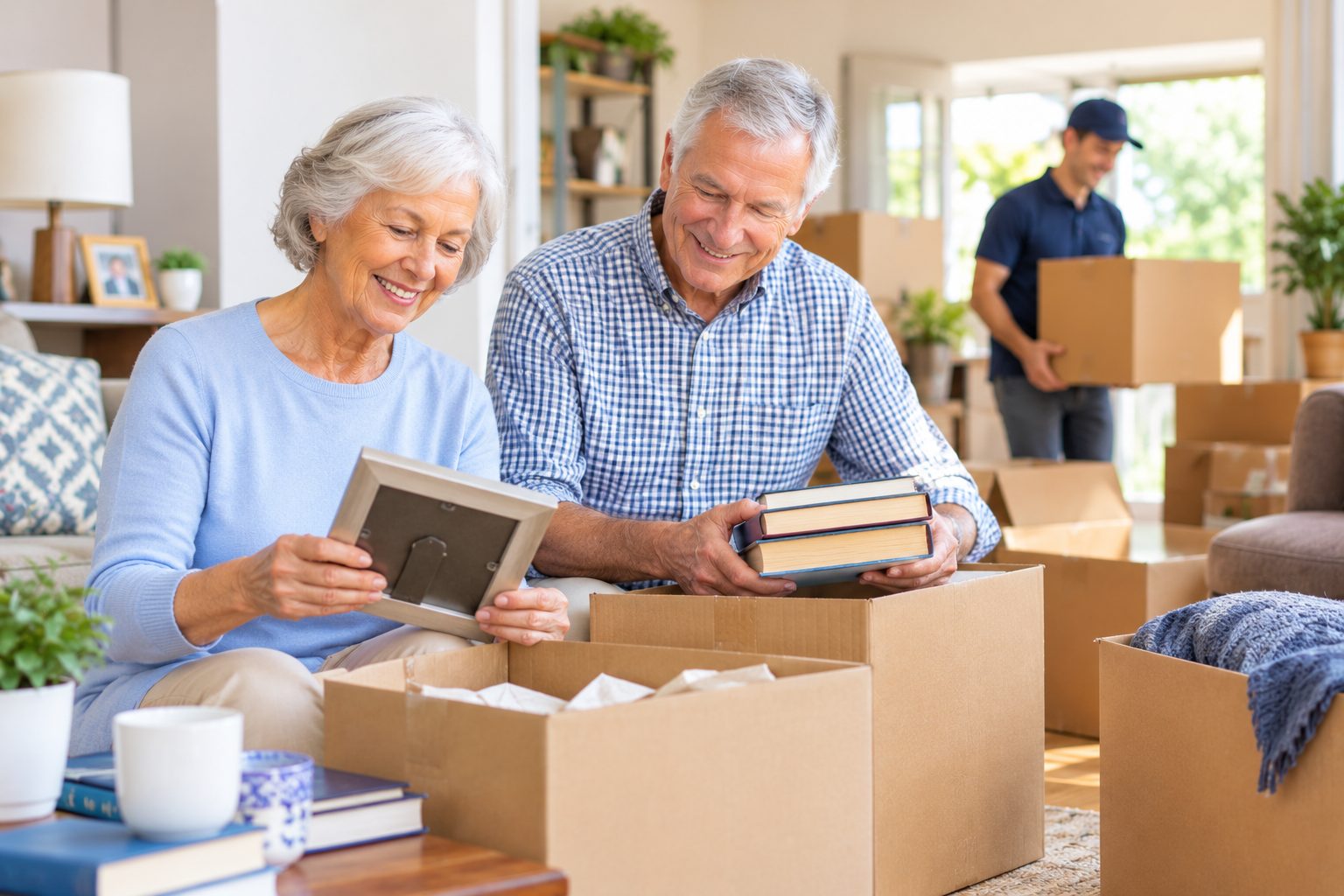 NuWay Relocation | Downsizing for Seniors: A Step-by-Step Plan for Moving to a Smaller Home Senior couple sorting keepsakes into boxes while downsizing with help from a mover