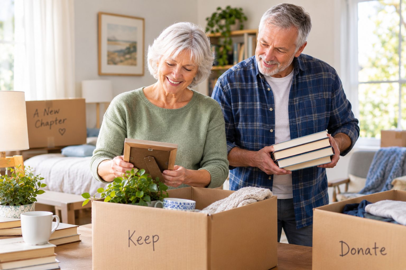 NuWay Relocation | Downsizing for Seniors: A Step-by-Step Plan for Moving to a Smaller Home Senior couple sorting belongings into Keep and Donate boxes before a move